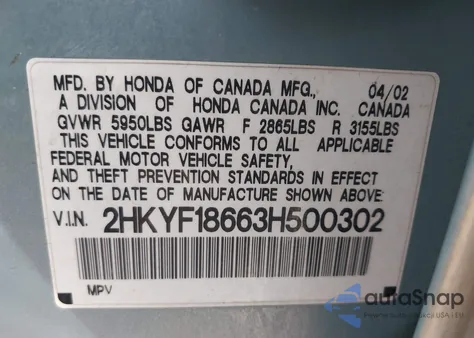 2003 Honda Pilot Ex-L z USA, uszkodzony, nr VIN 2HKYF18663H500302
